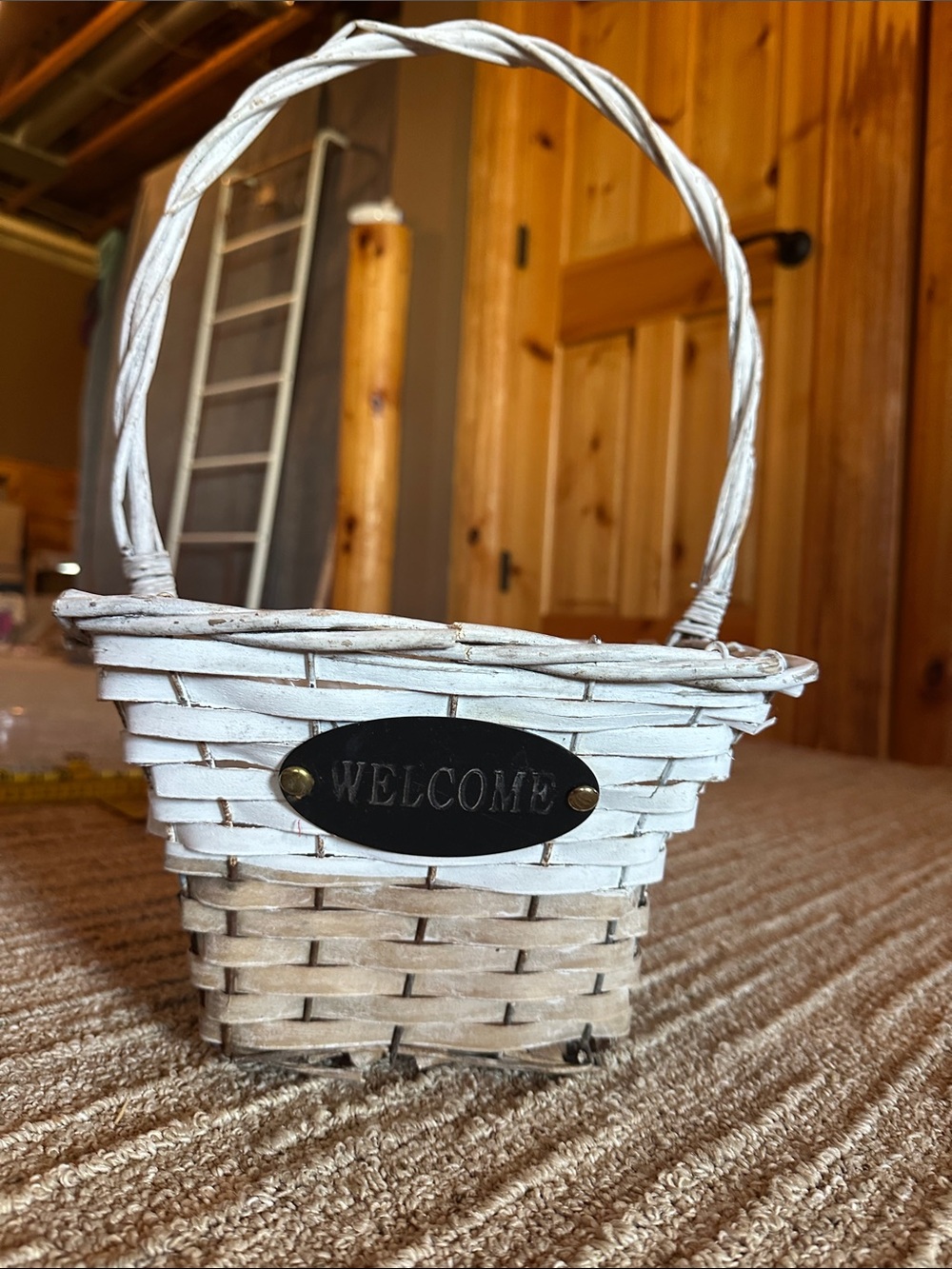 Welcome White and Natural Wicker Basket - Home Accents
